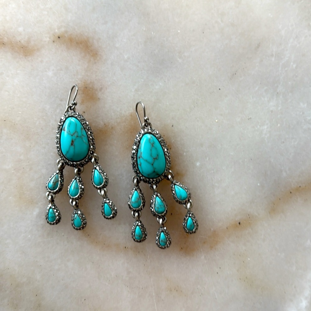 Lucky Brand Turquoise Crystals Rhinestone Earrings Silver Dangle Earrings - Picture 8 of 17